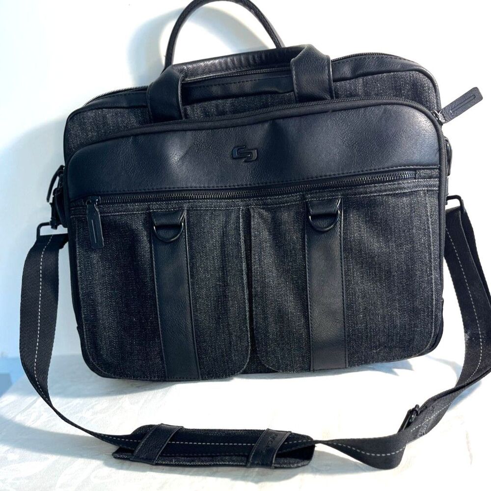 Solo Laptop Briefcase Shoulder Bag, Leather Canvas, Large - Black Grey